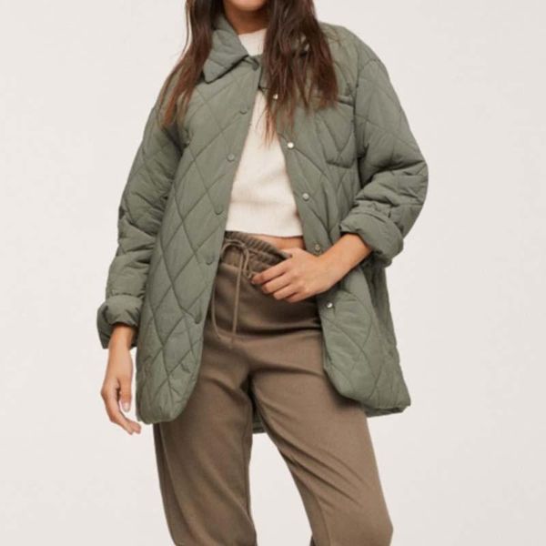 leather autumn and winter lapel singlebreasted green loose rhombus thin padded jacket thickened woman, Black